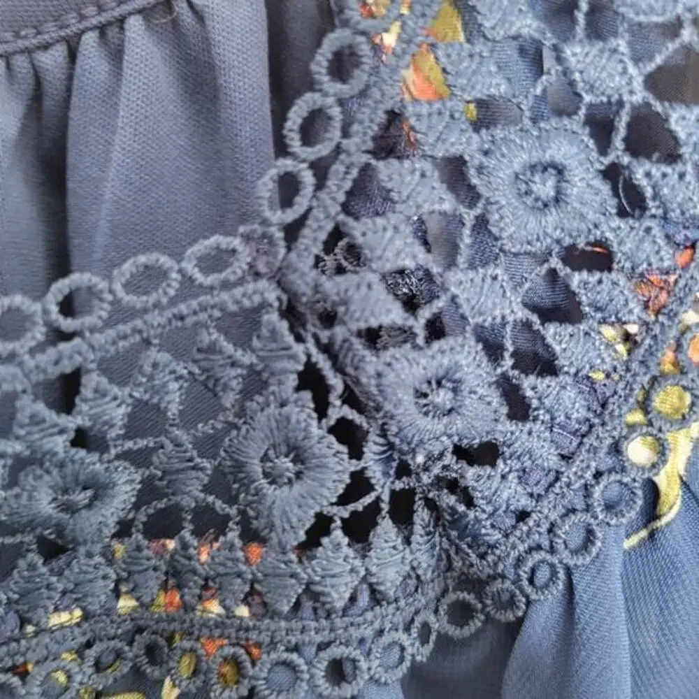 Beautees Top Girls Size Medium Tie Front Sheer Lace Trim Floral Blue Batwing - Picture 7 of 10